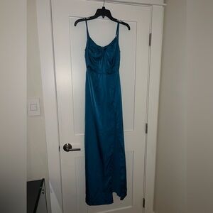 Lulus Lovely Drama Blue Satin Sleeveless A-Line Maxi Dress (Size XS)